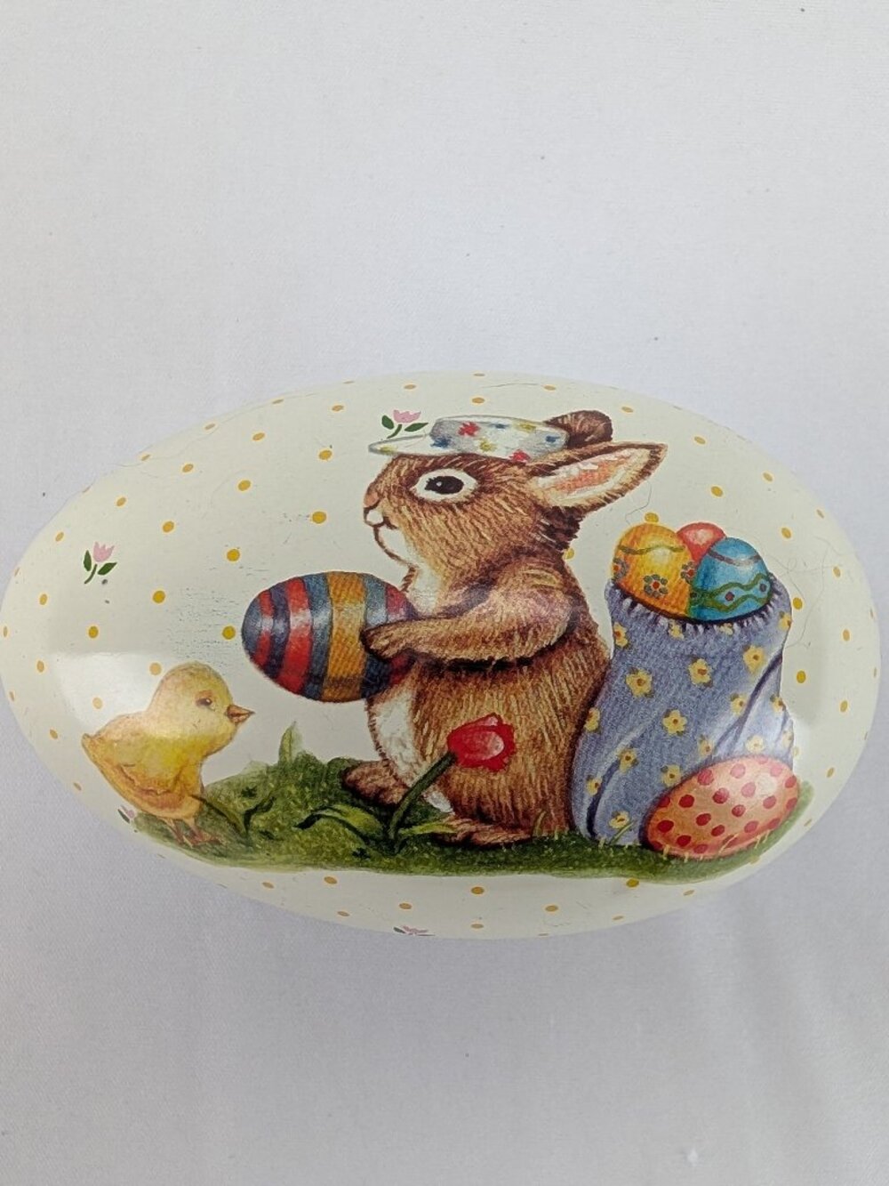Vintage Egg Shaped Metal Tin Easter Bunny Chick Eggs Spring Decor 5"